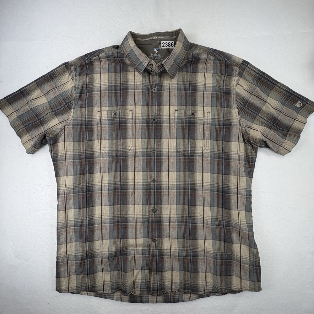 Kuhl Skorpio Shirt Mens XL Brown Gray Plaid Linen Cotton Short Sleeve Hiking